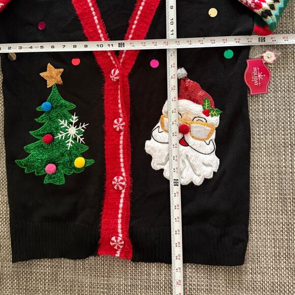 UGLY CHRISTMAS SWEATER NWT Applique Santa Tree CandyCanes Sequin Poms Cardigan S - Picture 3 of 3